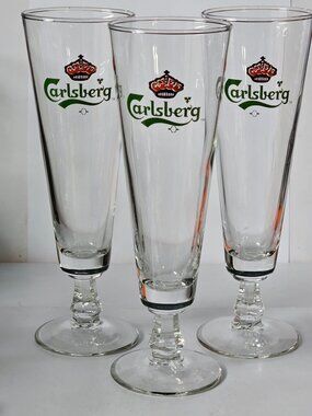 Carlsberg Pilsner Glasses Set of 3 8 1/2" Tall Stem Beer Logo Pub Barware Clear
